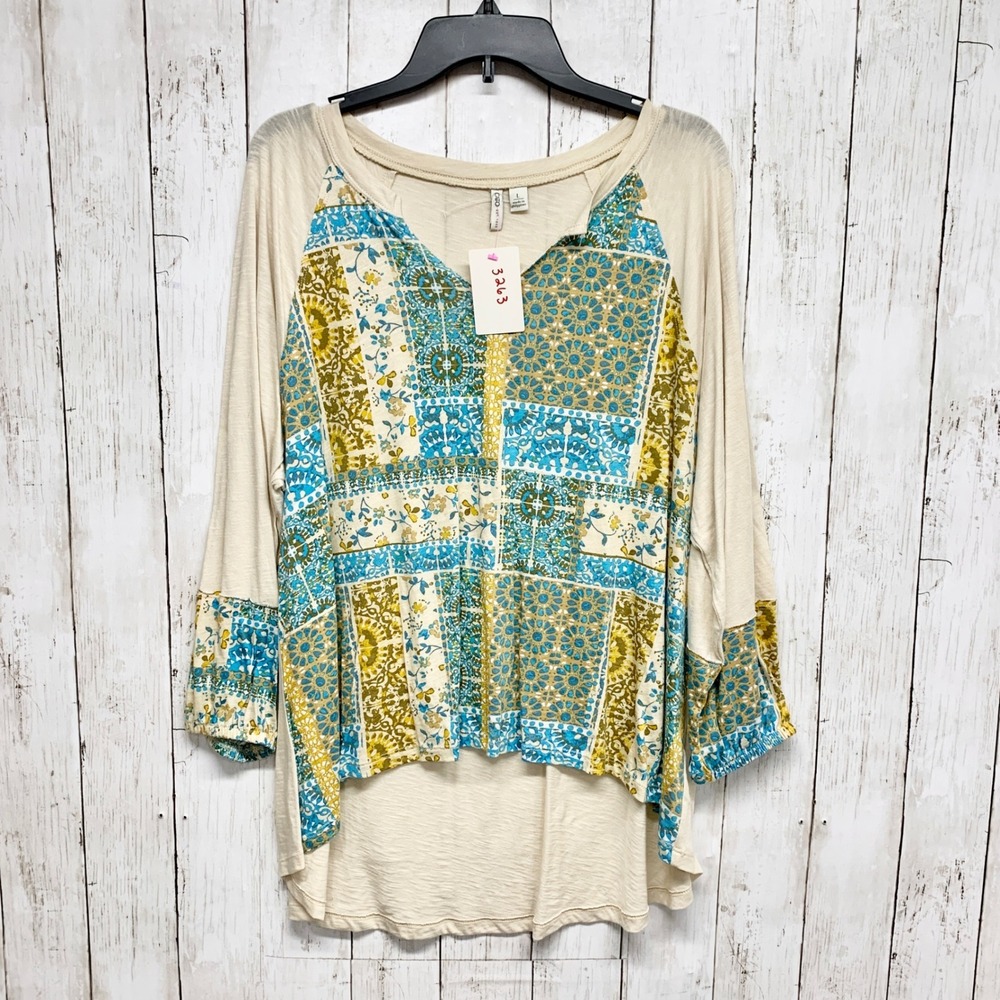 Cato Boho Patchwork 3/4 Sleeve Top Womens Size L Beige Blue Cotton Modal Blend
